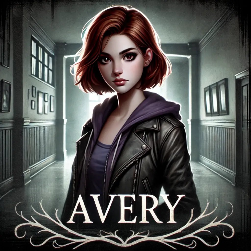 DALL·E 2024-11-22 17.15.14 - A high school girl named Avery, depicted in a dark, gothic style fitting a supernatural horror setting. She has medium-length auburn hair, wearing a l