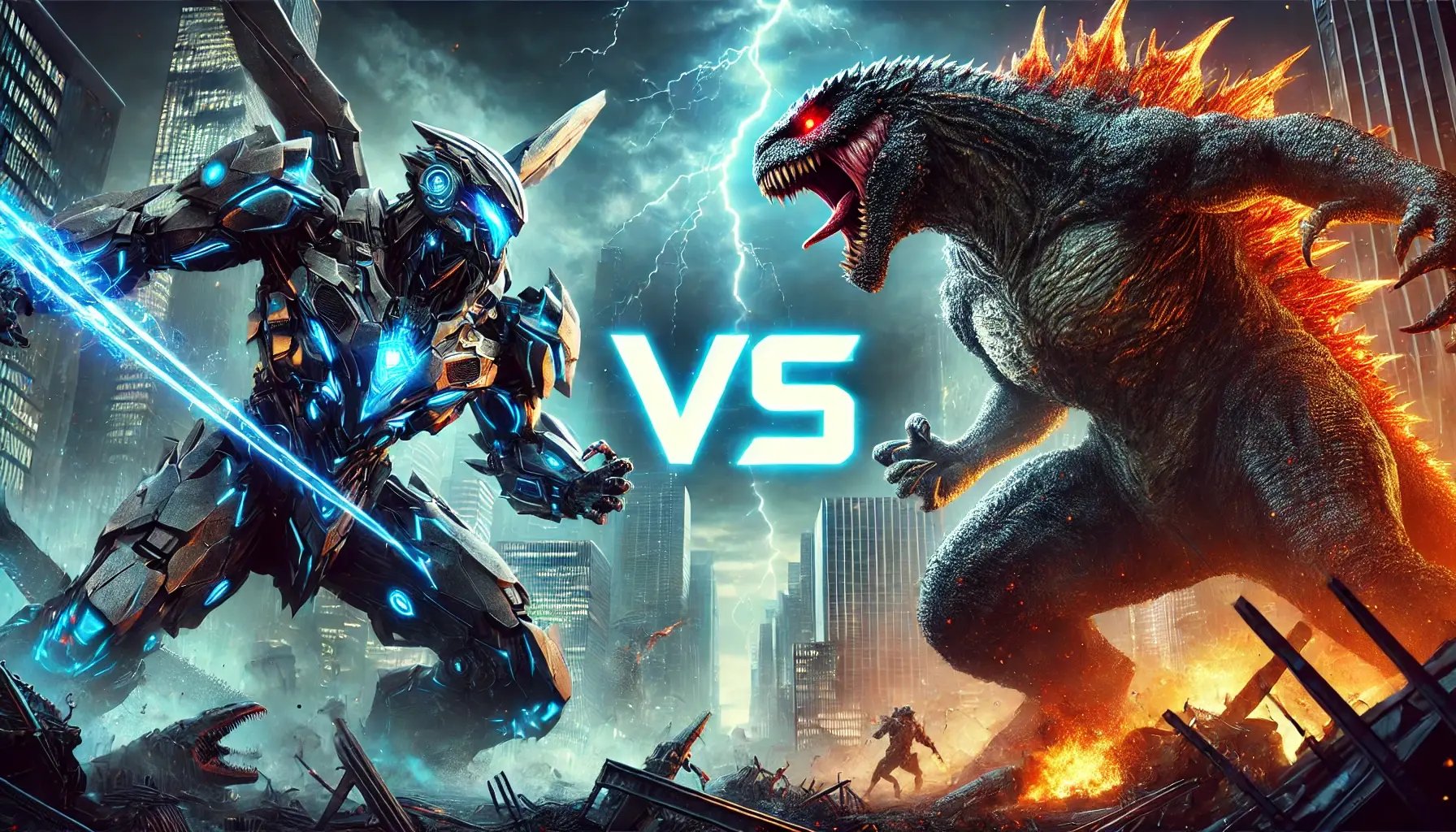 DALL·E 2024-11-23 17.18.39 - A dramatic battle scene featuring two massive and unique kaiju creatures facing off. On the left is a futuristic robotic kaiju with sleek metallic arm