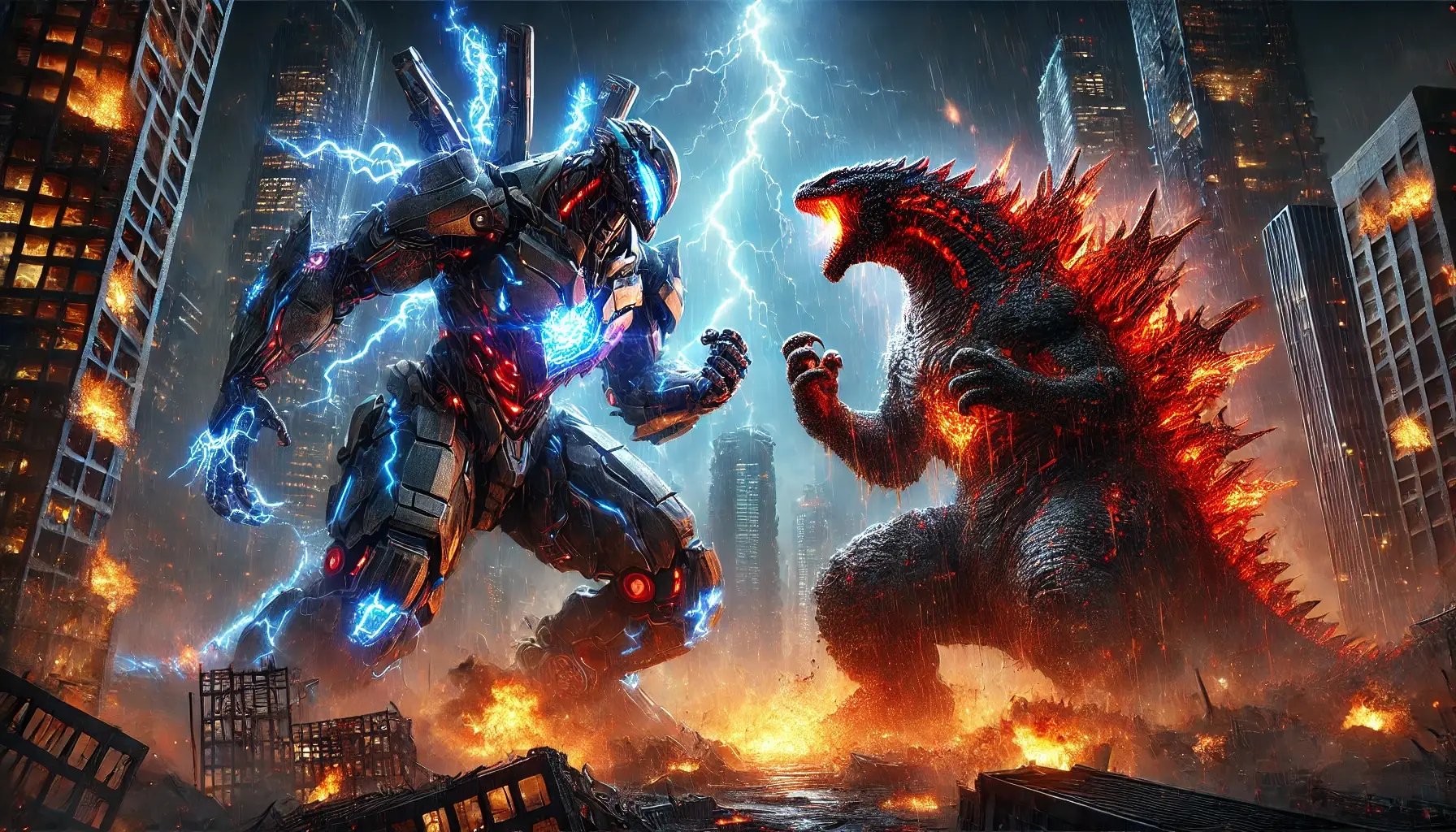 DALL·E 2024-11-23 17.23.31 - An epic battle scene between two giant kaiju in a destroyed futuristic cityscape at night. On the left, a robotic kaiju named Mecha-Zenith, with sleek (1)