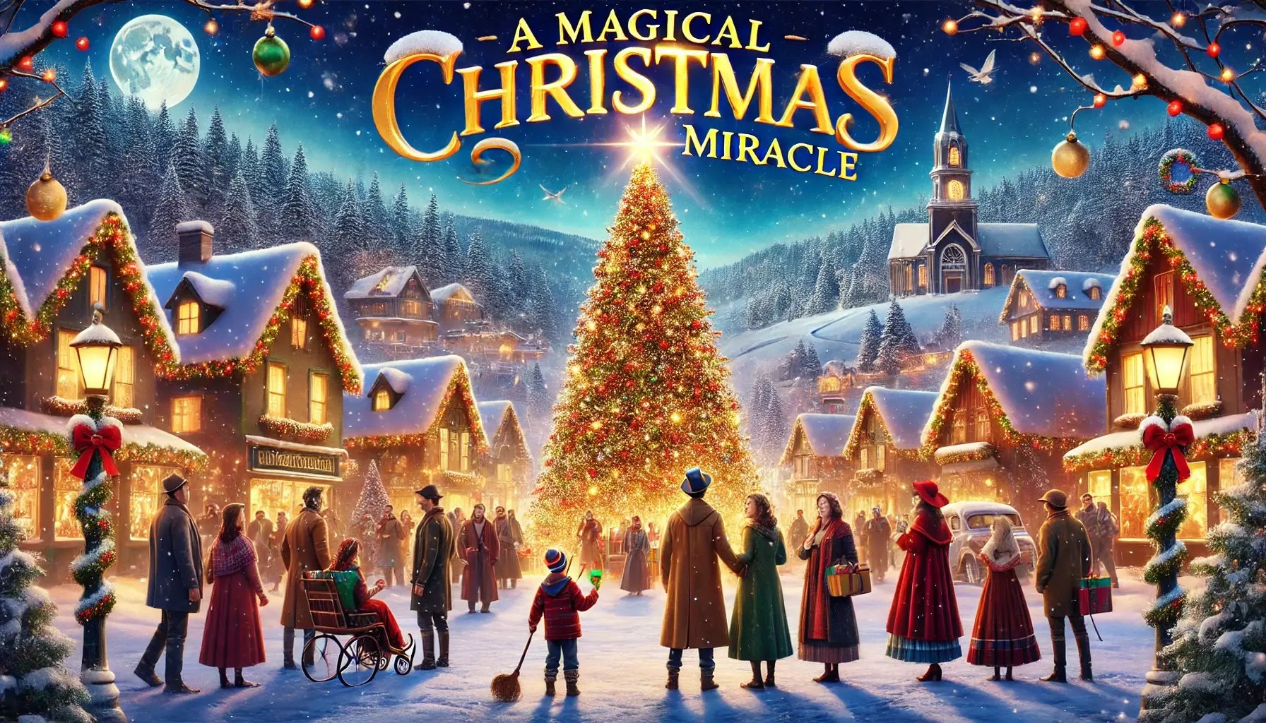 DALL·E 2024-11-23 17.45.57 - A magical Christmas movie landscape poster featuring a charming snow-covered town square at night, illuminated by festive Christmas lights and a massi